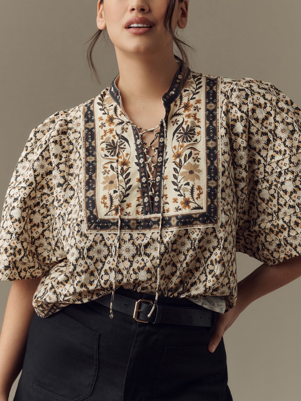 By Anthropologie Pleated Puff-Sleeve Blouse Black Motif 3X